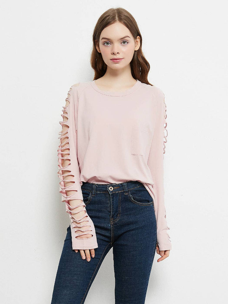 Ripped Long-Sleeve Pullover Top: L / Black
