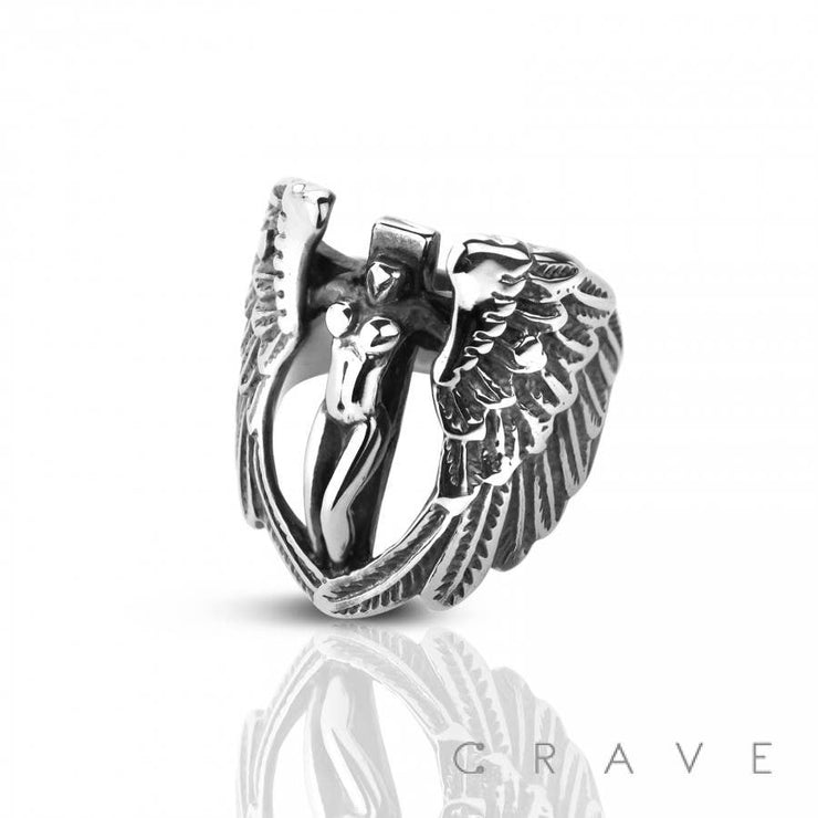 SS GUARDIAN ANGEL BIKER RING: STAINELESS STEEL---12