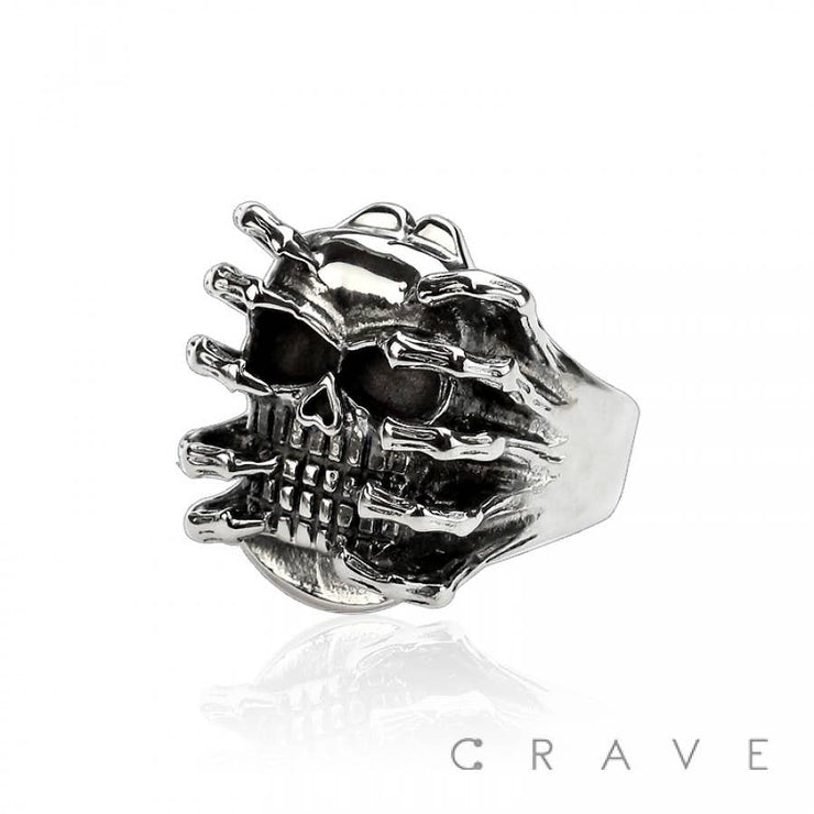 SS SKELETON HAND OVER SKULL BIKER RING: Stainless Steel---12