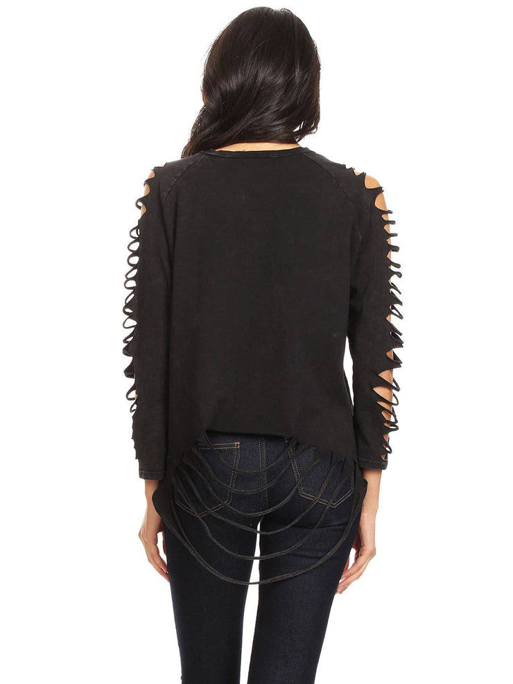 Ripped Long-Sleeve Pullover Top: 2XL / Black