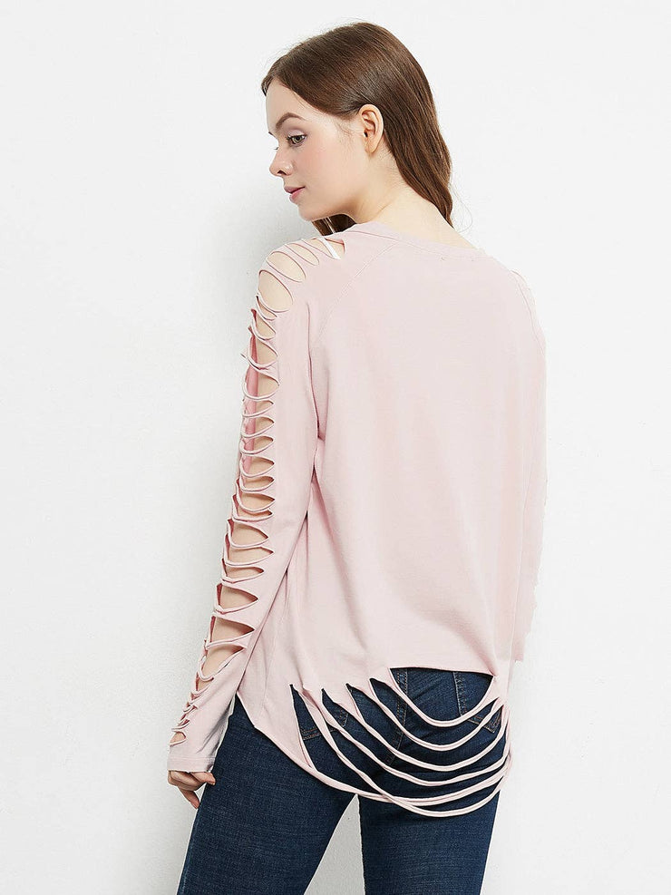 Ripped Long-Sleeve Pullover Top: M / Black