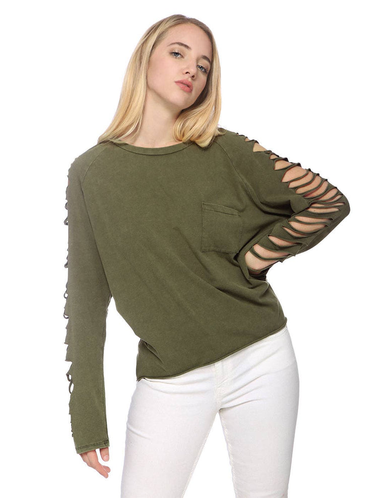 Ripped Long-Sleeve Pullover Top: L / Black