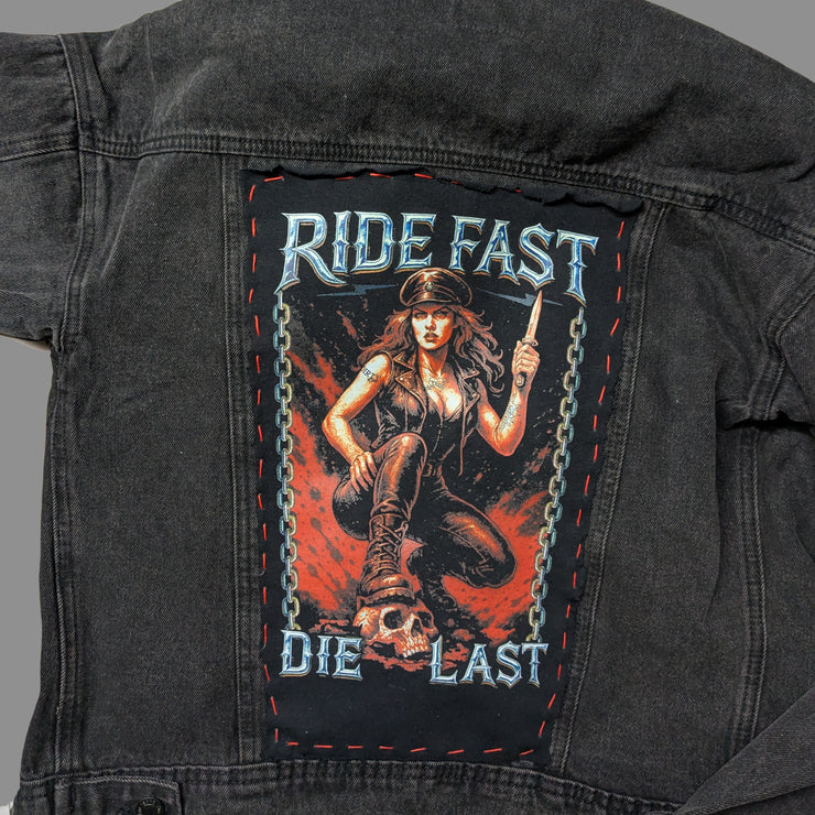 Women’s Oversized “Ride Fast, Die Last” Custom Black Denim Jacket