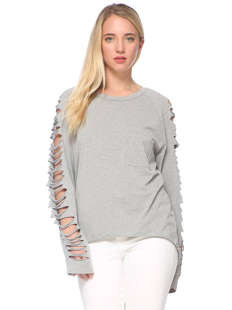 Ripped Long-Sleeve Pullover Top: XL / Black