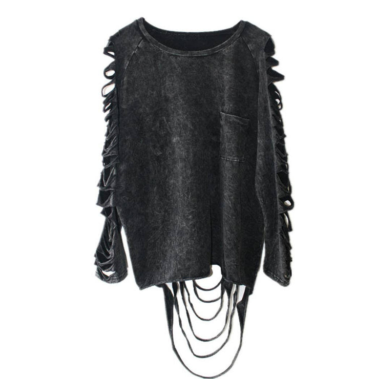 Ripped Long-Sleeve Pullover Top: S / Black