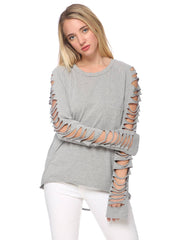 Ripped Long-Sleeve Pullover Top: M / Black