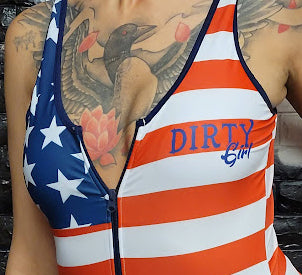 Dirty Girl American Flag Half Zip One Piece Swimsuit