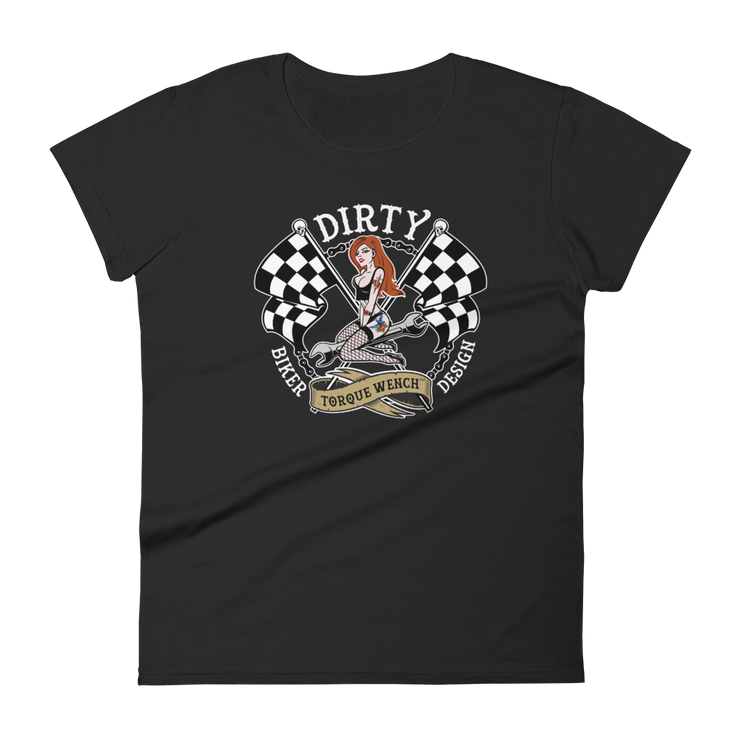 This tatted red-head babe comes in Redhead or Brunette, riding a wrench in front of dual checkered flags.